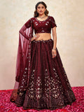 Gorgeous Maroon Thread Embroidered Net Wedding Wear Lehenga Choli With Dupatta
