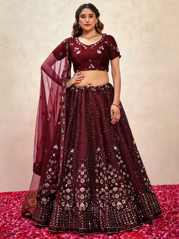 Gorgeous Maroon Thread Embroidered Net Wedding Wear Lehenga Choli With Dupatta