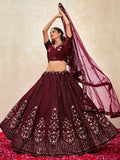 Gorgeous Maroon Thread Embroidered Net Wedding Wear Lehenga Choli With Dupatta