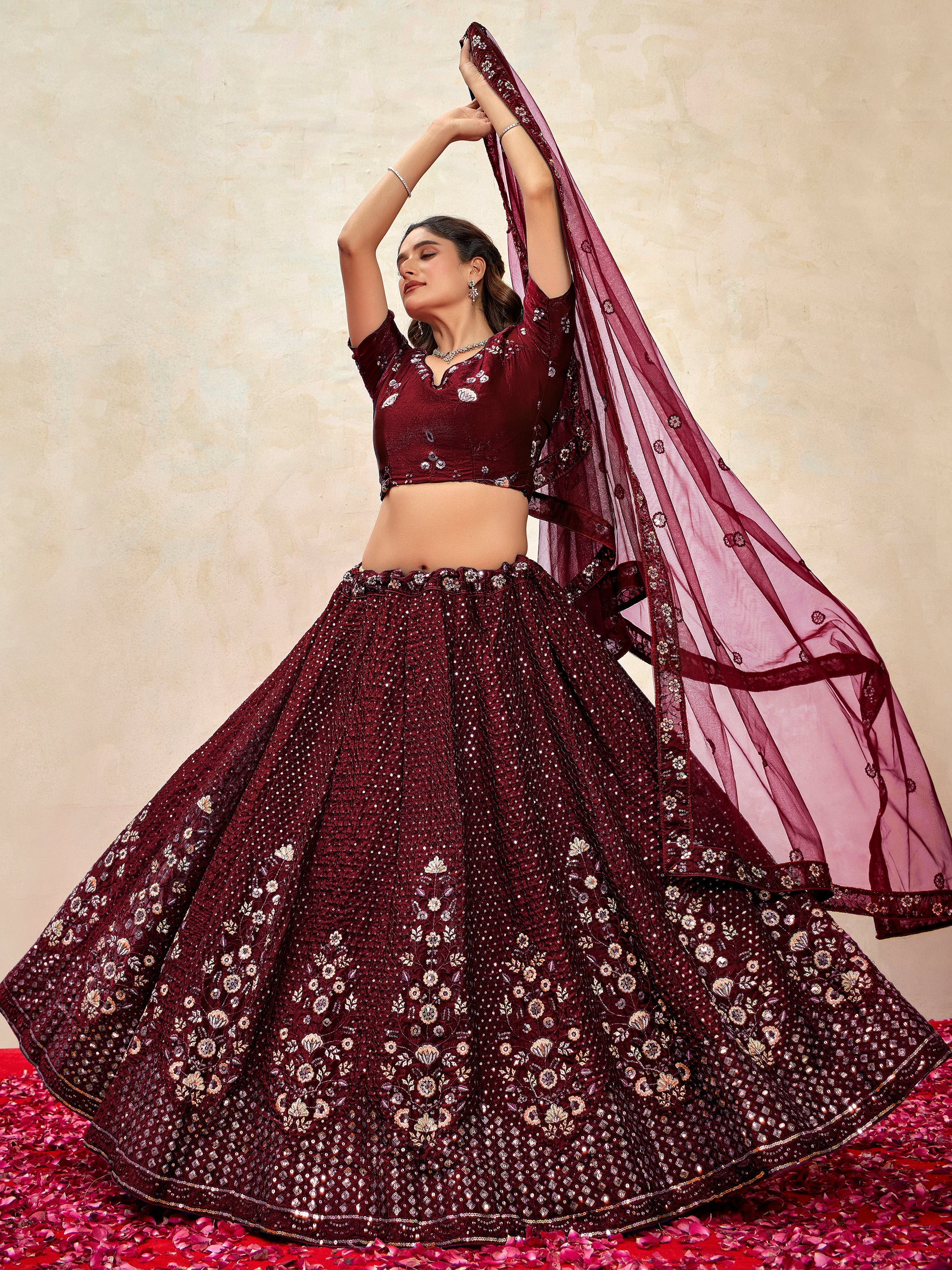 Gorgeous Maroon Thread Embroidered Net Wedding Wear Lehenga Choli With Dupatta