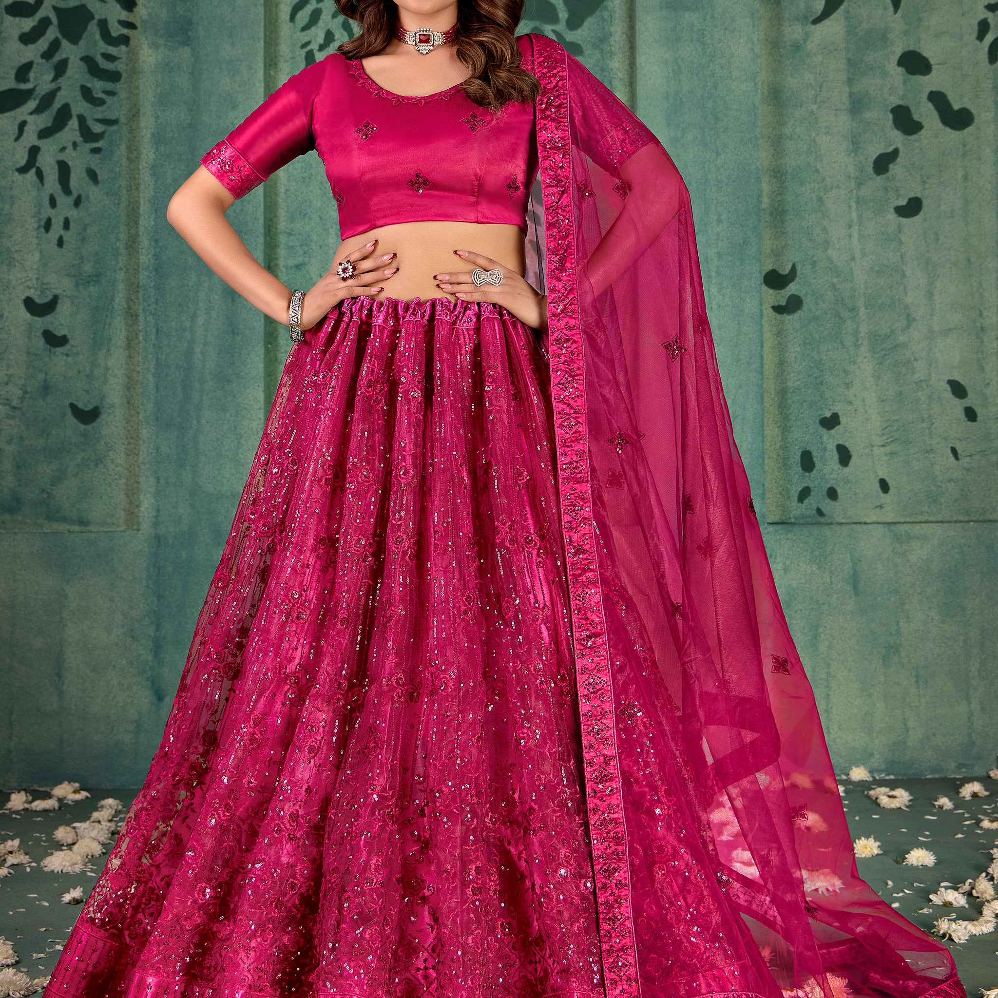 Adorable Pink Sequins Net Bridal Lehenga Choli With Dupatta