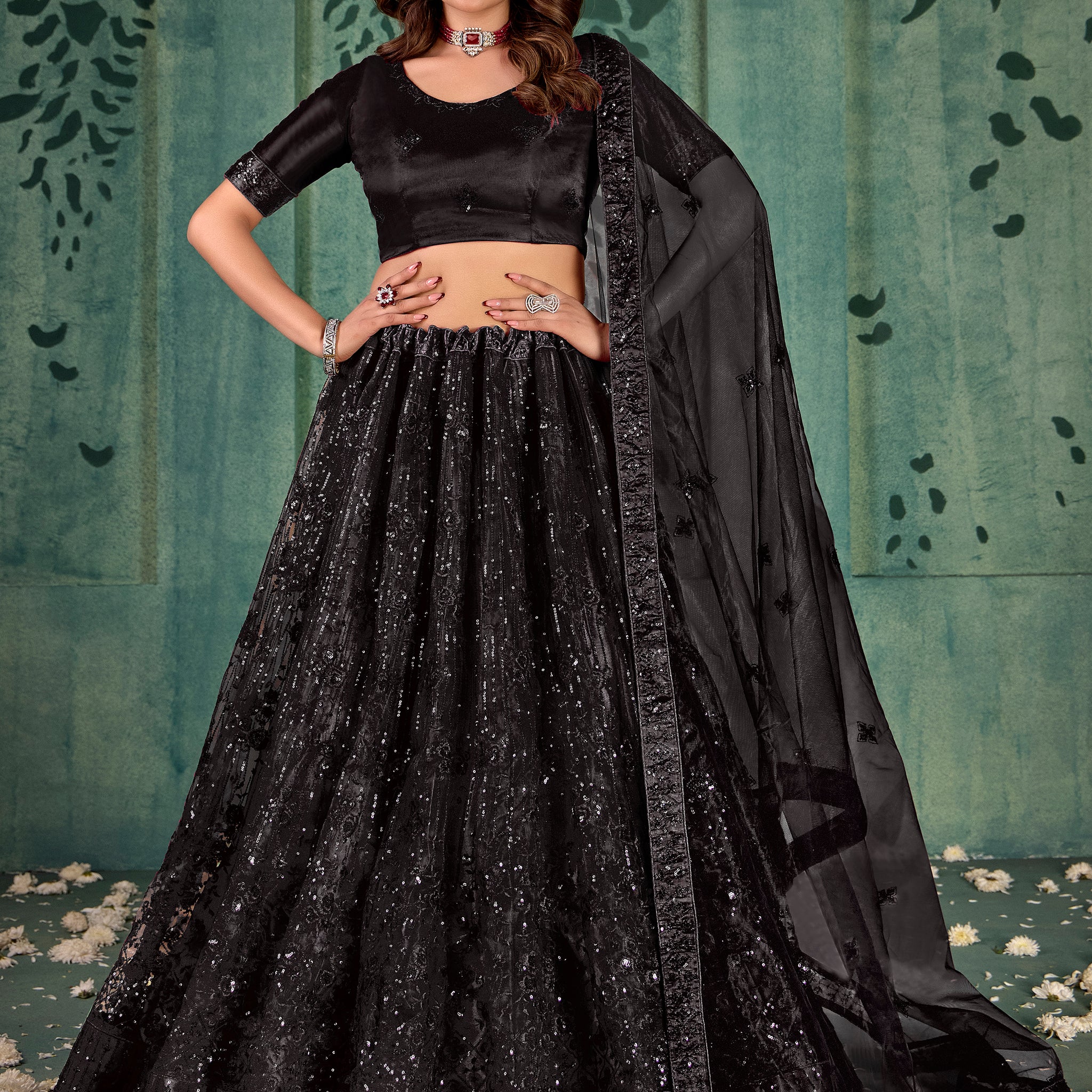 Gorgeous Black Thread Work Net Party Wear Lehenga Choli With Dupatta