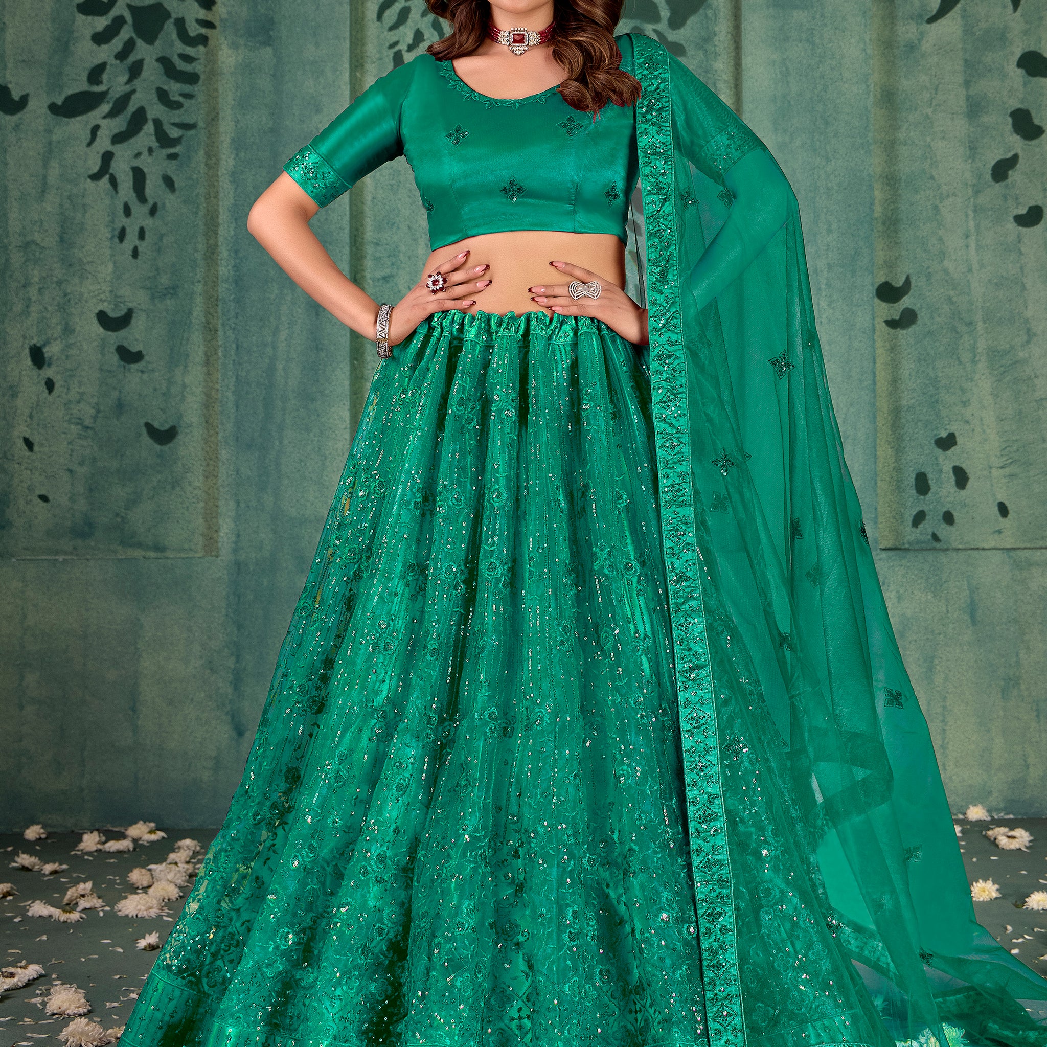 Incredible Green Thread Work Net Mehendi Wear Lehenga Choli With Dupatta