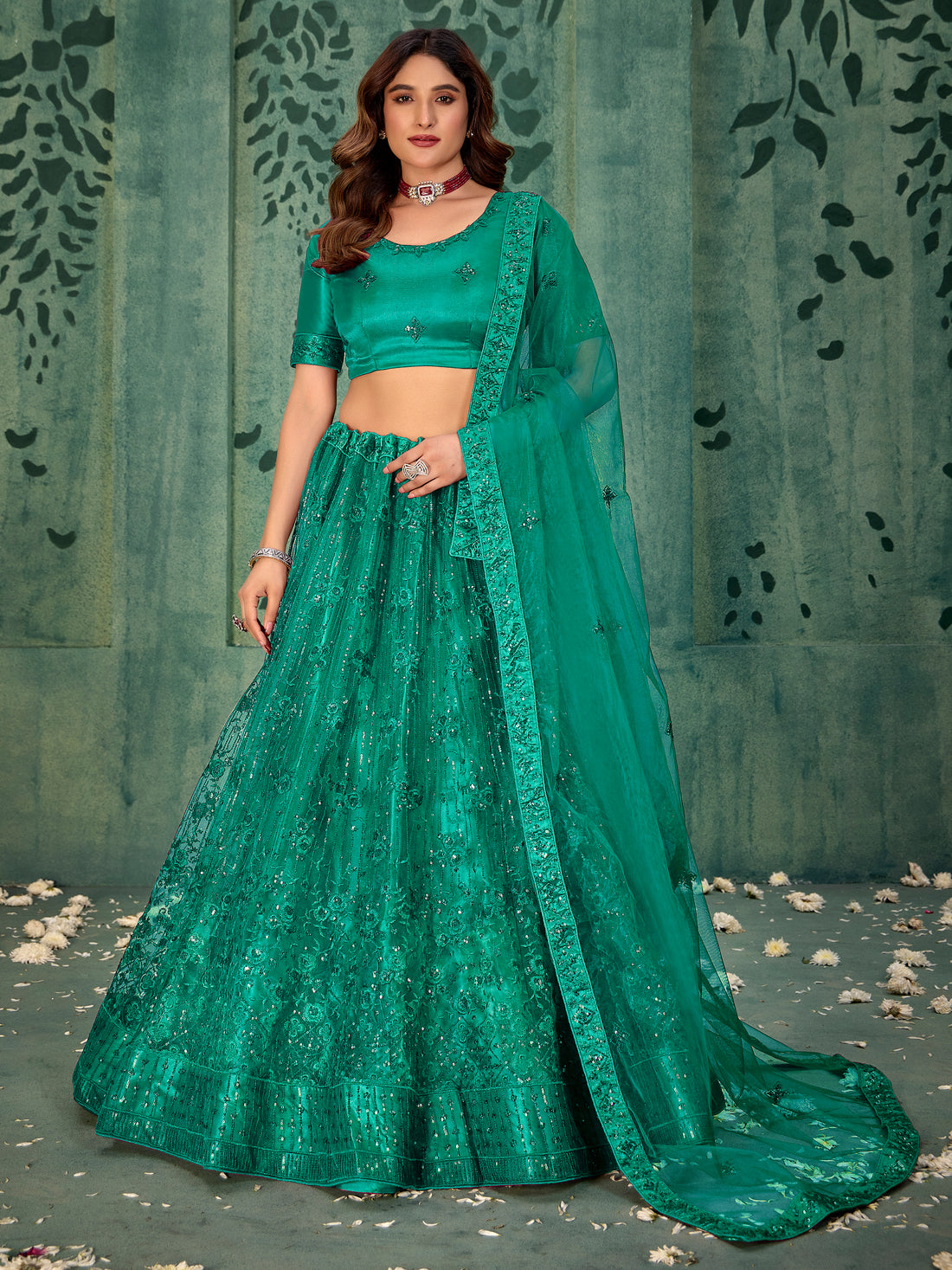 Incredible Green Thread Work Net Mehendi Wear Lehenga Choli With Dupatta