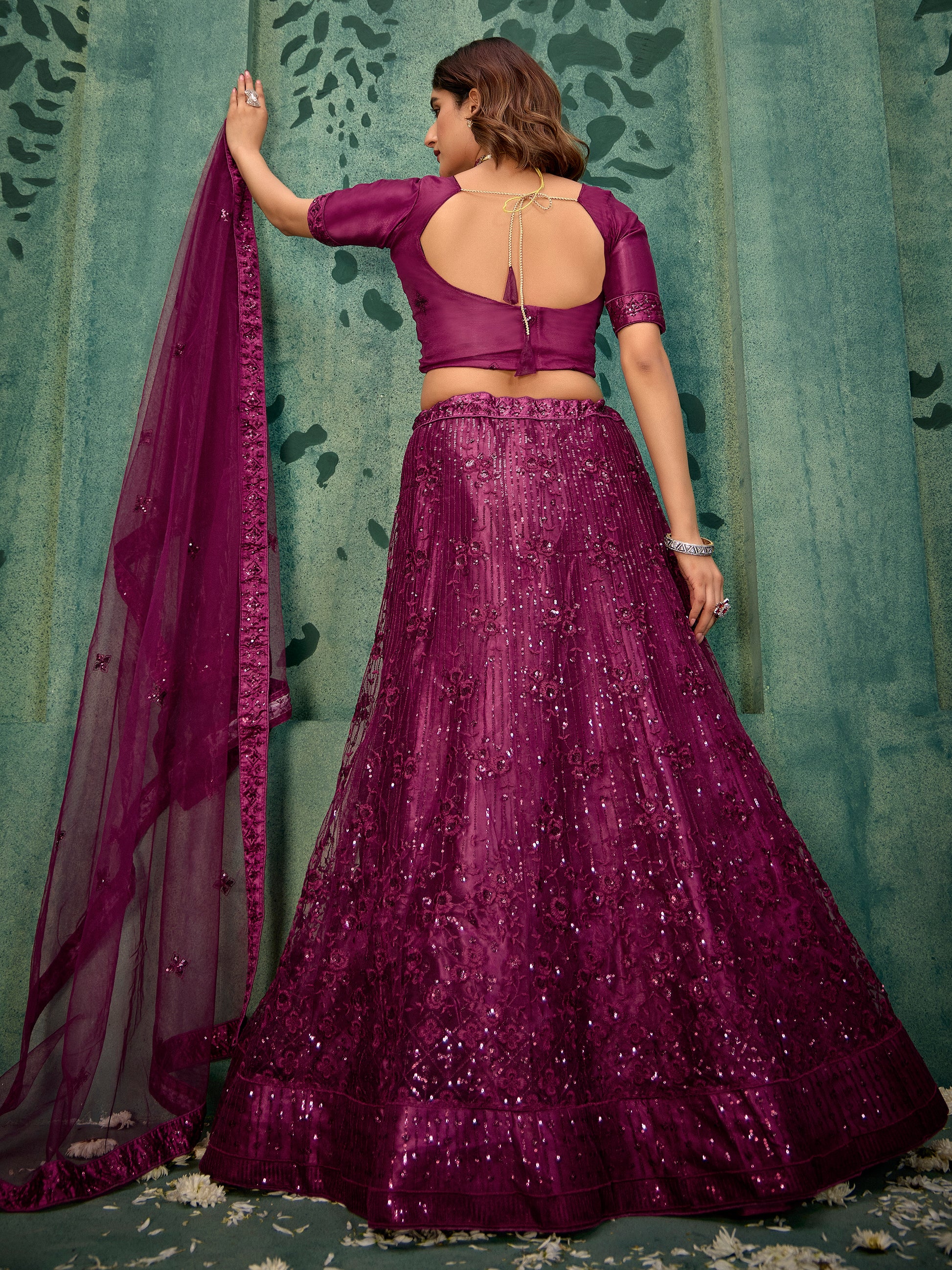 Wonderful Wine Thread Work Net Reception Wear Lehenga Choli With Dupatta