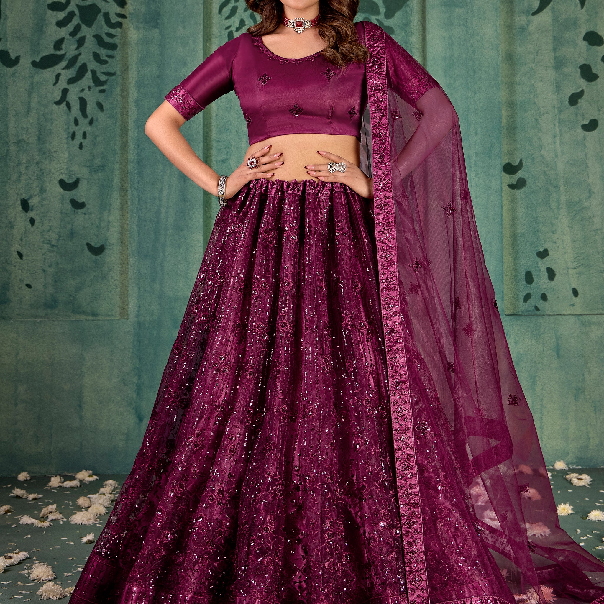 Wonderful Wine Thread Work Net Reception Wear Lehenga Choli With Dupatta