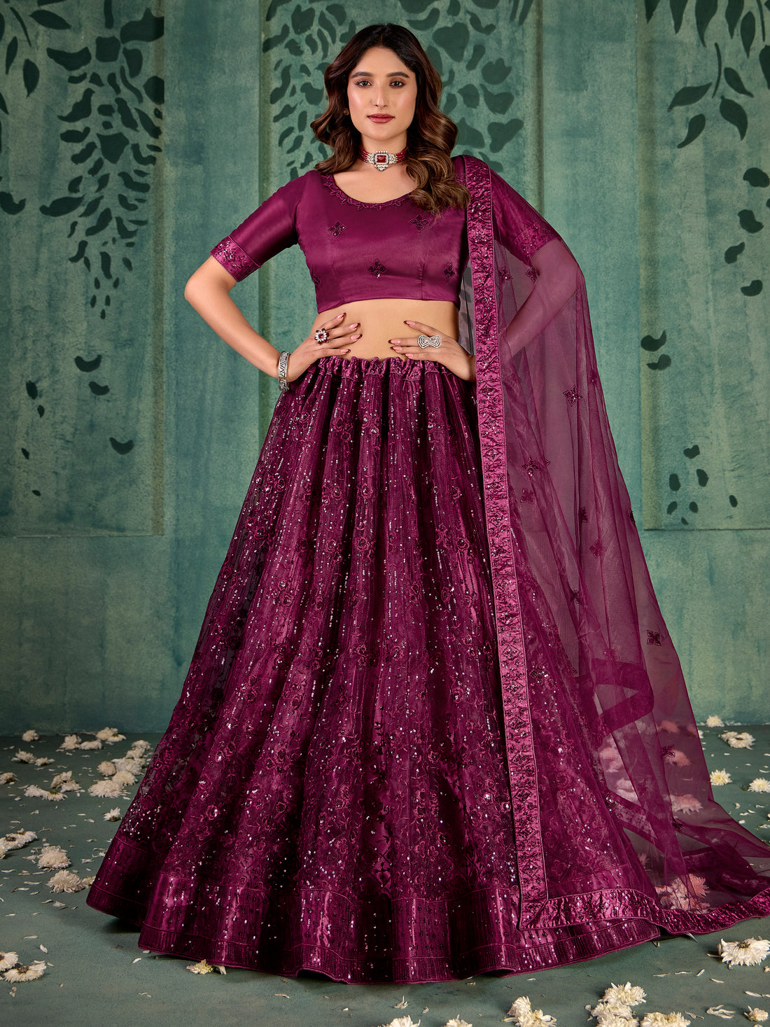 Wonderful Wine Thread Work Net Reception Wear Lehenga Choli With Dupatta