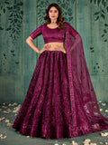 Wonderful Wine Thread Work Net Reception Wear Lehenga Choli With Dupatta
