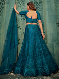 Charming Teal Blue Thread Work Net Wedding Wear Lehenga Choli With Dupatta