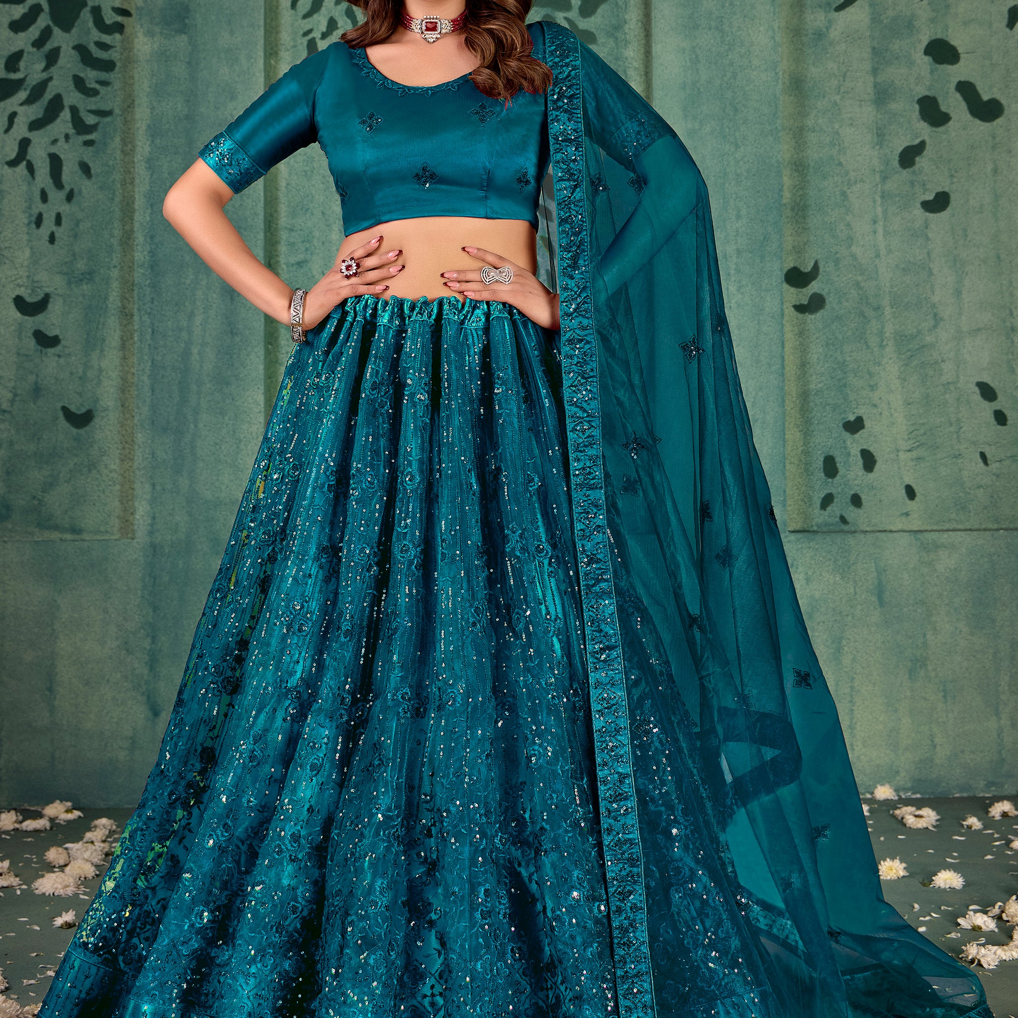 Charming Teal Blue Thread Work Net Wedding Wear Lehenga Choli With Dupatta