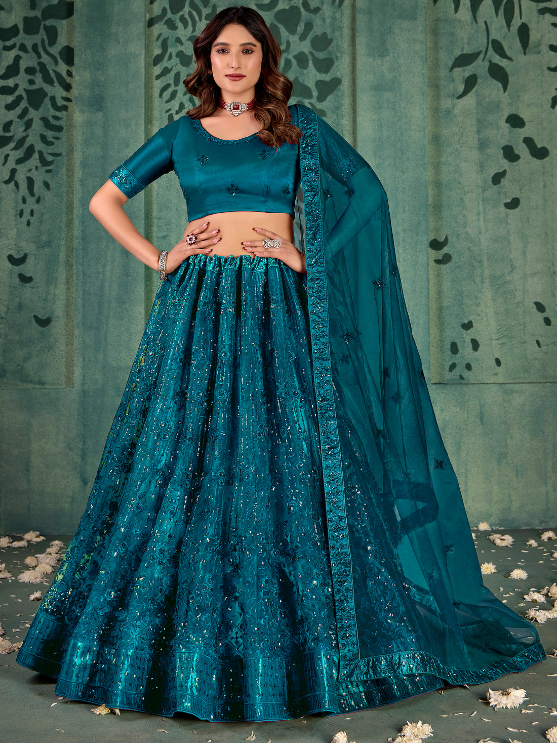 Charming Teal Blue Thread Work Net Wedding Wear Lehenga Choli With Dupatta