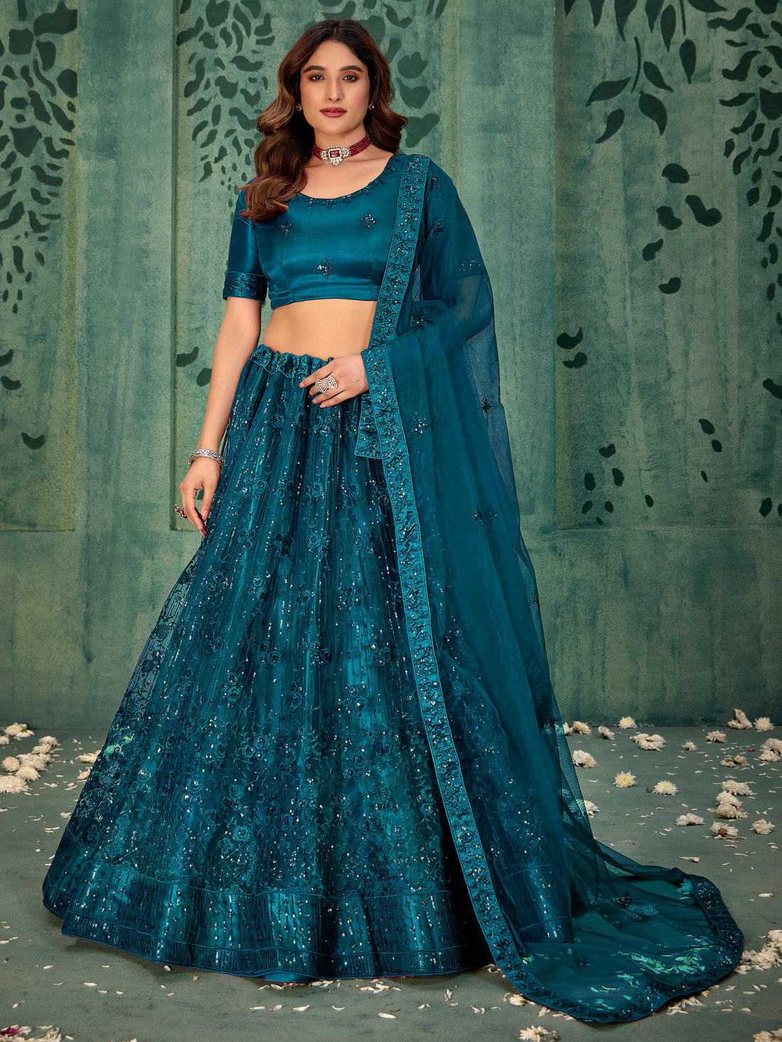 Charming Teal Blue Thread Work Net Wedding Wear Lehenga Choli With Dupatta