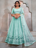 Beautiful Turquoise Sequins Net Designer Lehenga Choli With Dupatta