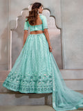 Beautiful Turquoise Sequins Net Designer Lehenga Choli With Dupatta