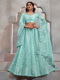 Adorable Turquoise Thread Embroidery Net Lehenga Choli With Dupatta