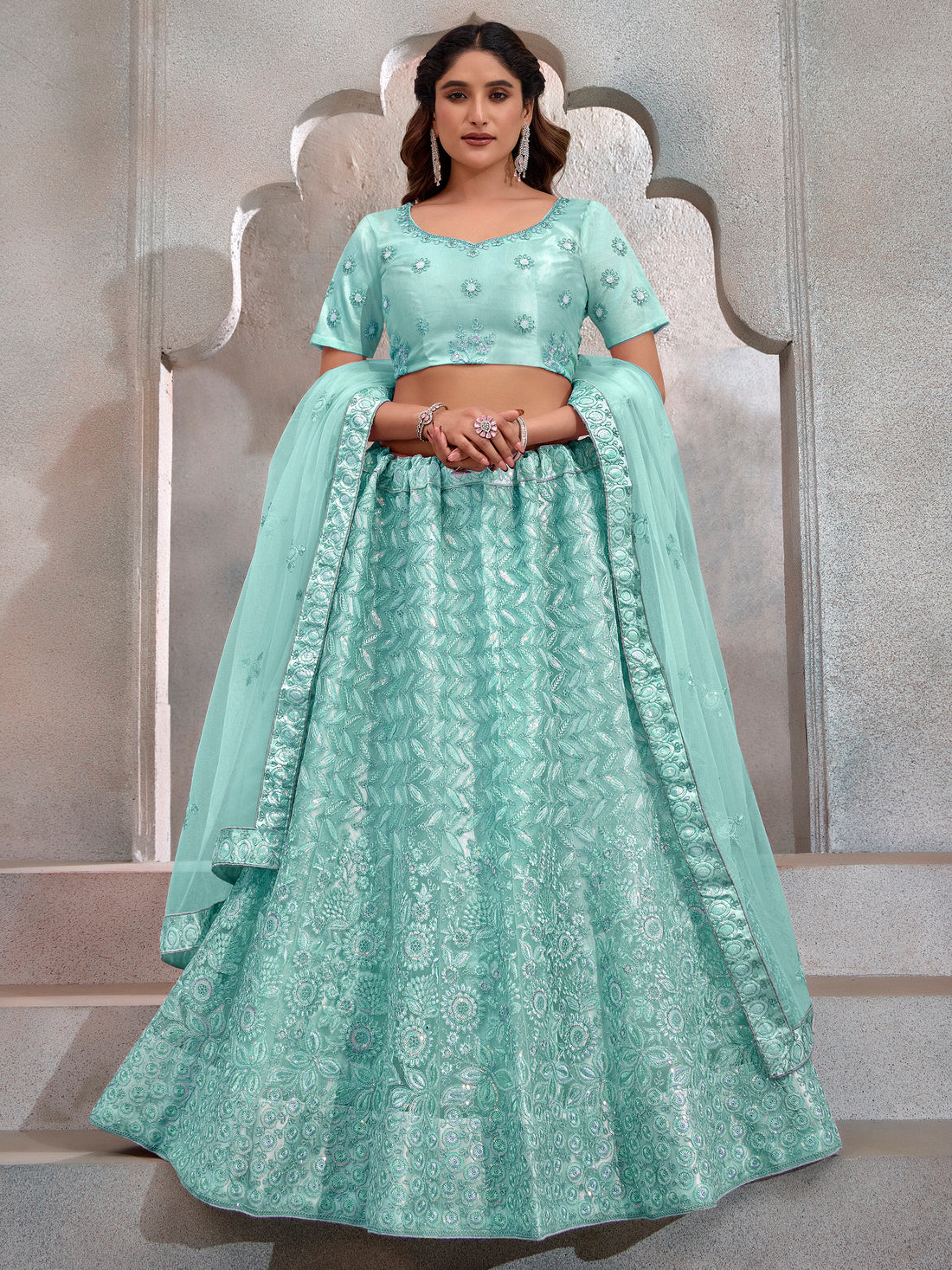 Adorable Turquoise Thread Embroidery Net Lehenga Choli With Dupatta