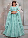 Adorable Turquoise Thread Embroidery Net Lehenga Choli With Dupatta