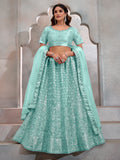 Adorable Turquoise Thread Embroidery Net Lehenga Choli With Dupatta