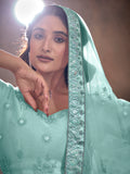 Adorable Turquoise Thread Embroidery Net Lehenga Choli With Dupatta