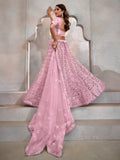 Gorgeous Pink Thread Embroidery Net Wedding Lehenga Choli With Dupatta