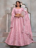 Gorgeous Pink Thread Embroidery Net Wedding Lehenga Choli With Dupatta