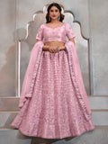 Gorgeous Pink Thread Embroidery Net Wedding Lehenga Choli With Dupatta