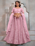 Gorgeous Pink Thread Embroidery Net Wedding Lehenga Choli With Dupatta