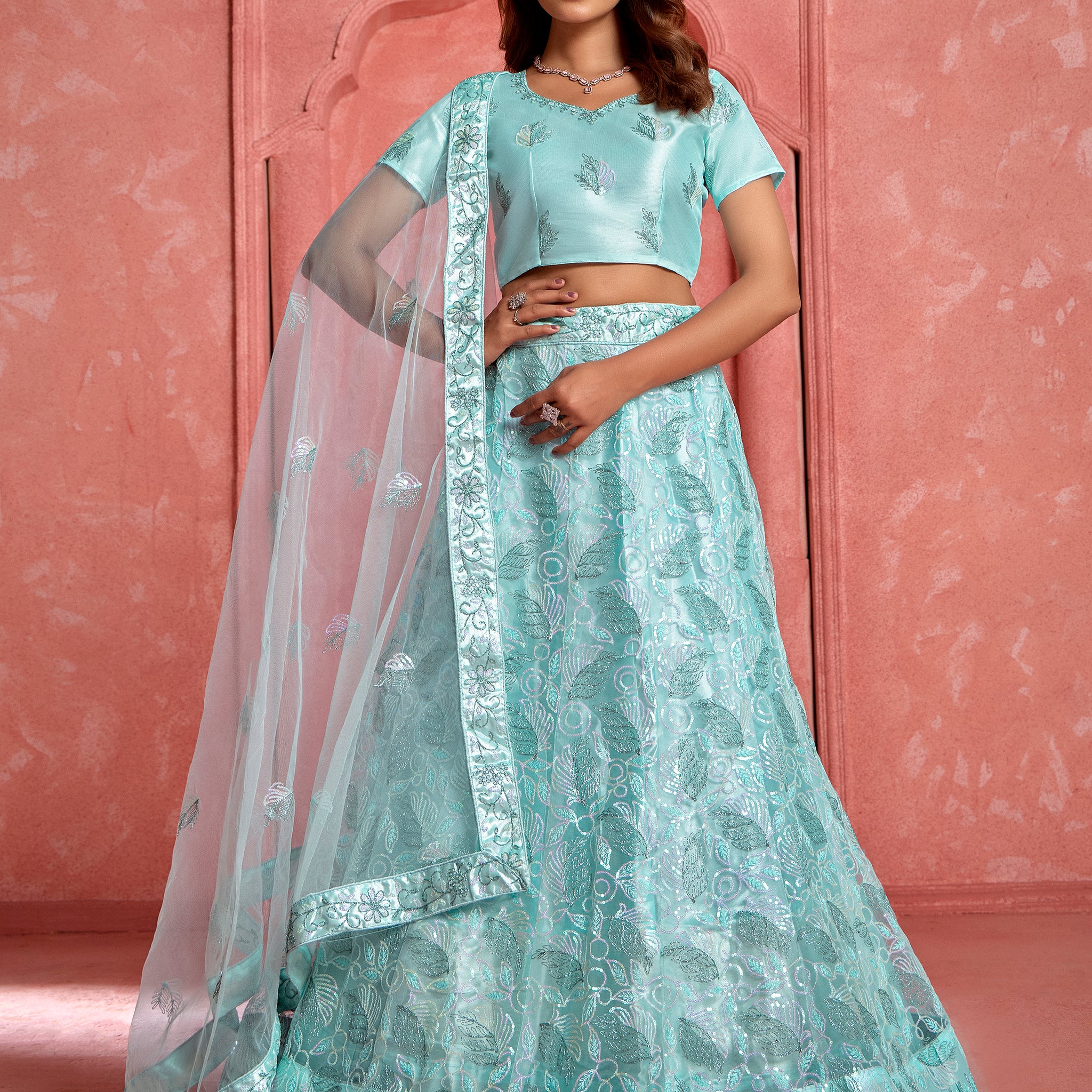 Fantastic Sky-Blue Sequins Net Bridal Wear Lehenga Choli With Dupatta
