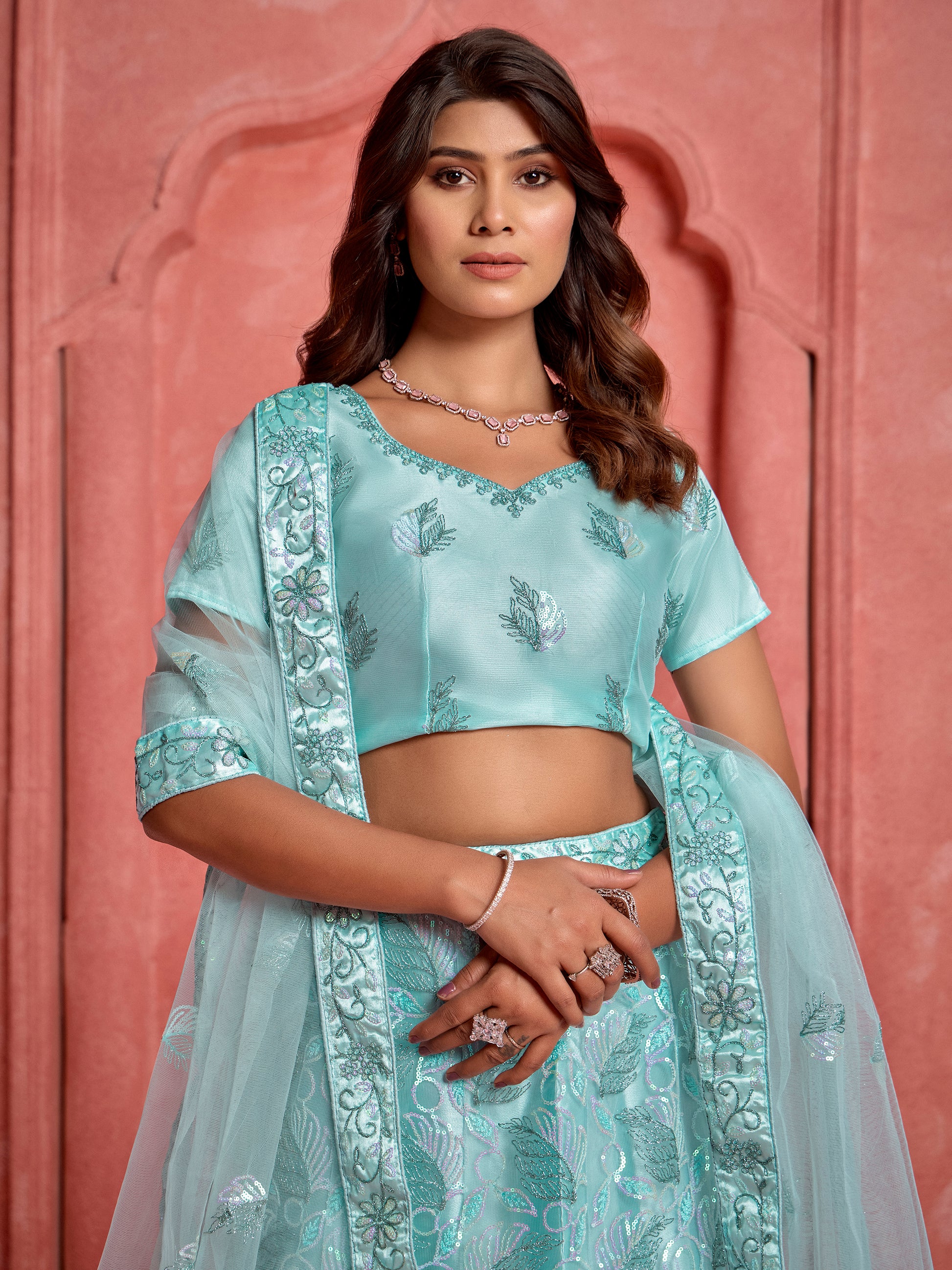 Fantastic Sky-Blue Sequins Net Bridal Wear Lehenga Choli With Dupatta
