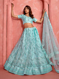 Fantastic Sky-Blue Sequins Net Bridal Wear Lehenga Choli With Dupatta