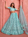 Fantastic Sky-Blue Sequins Net Bridal Wear Lehenga Choli With Dupatta
