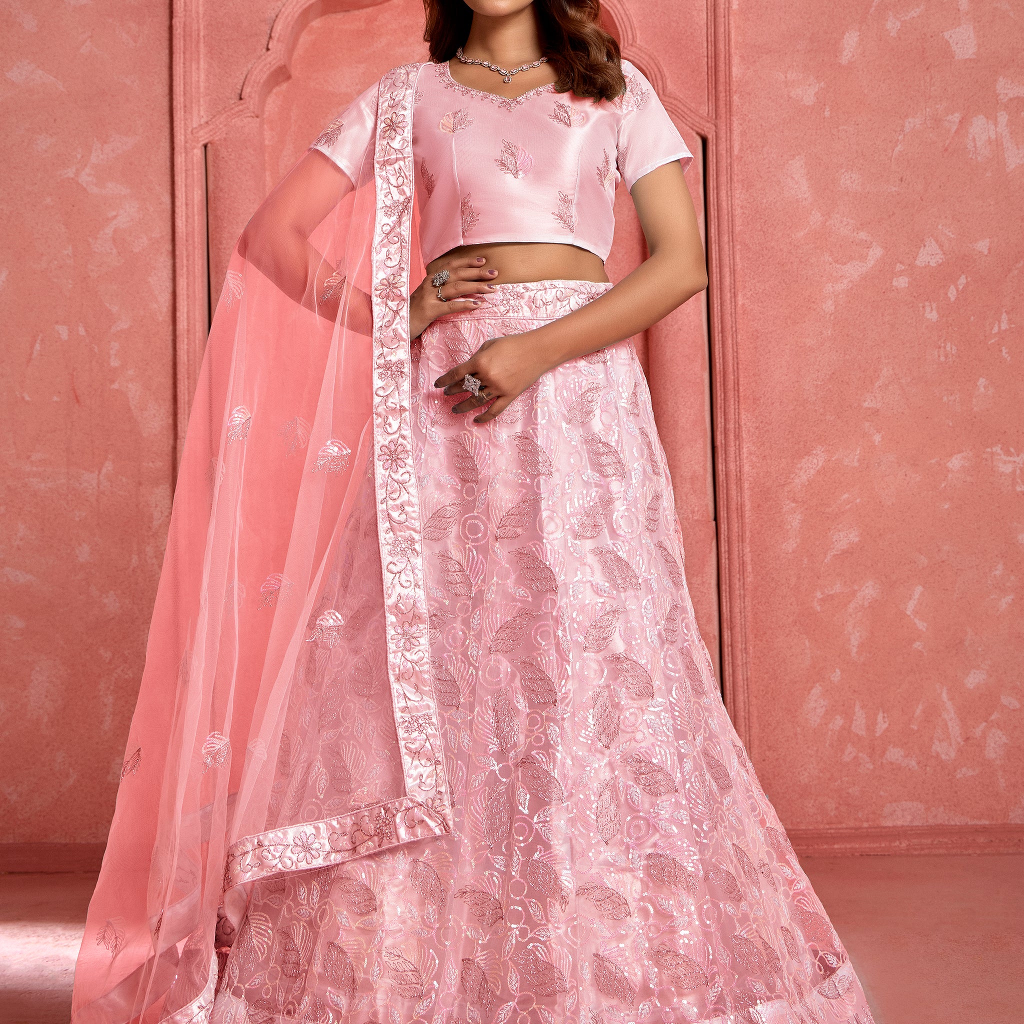 Wonderful Peach Sequins Net Bridesmaid Lehenga Choli With Dupatta