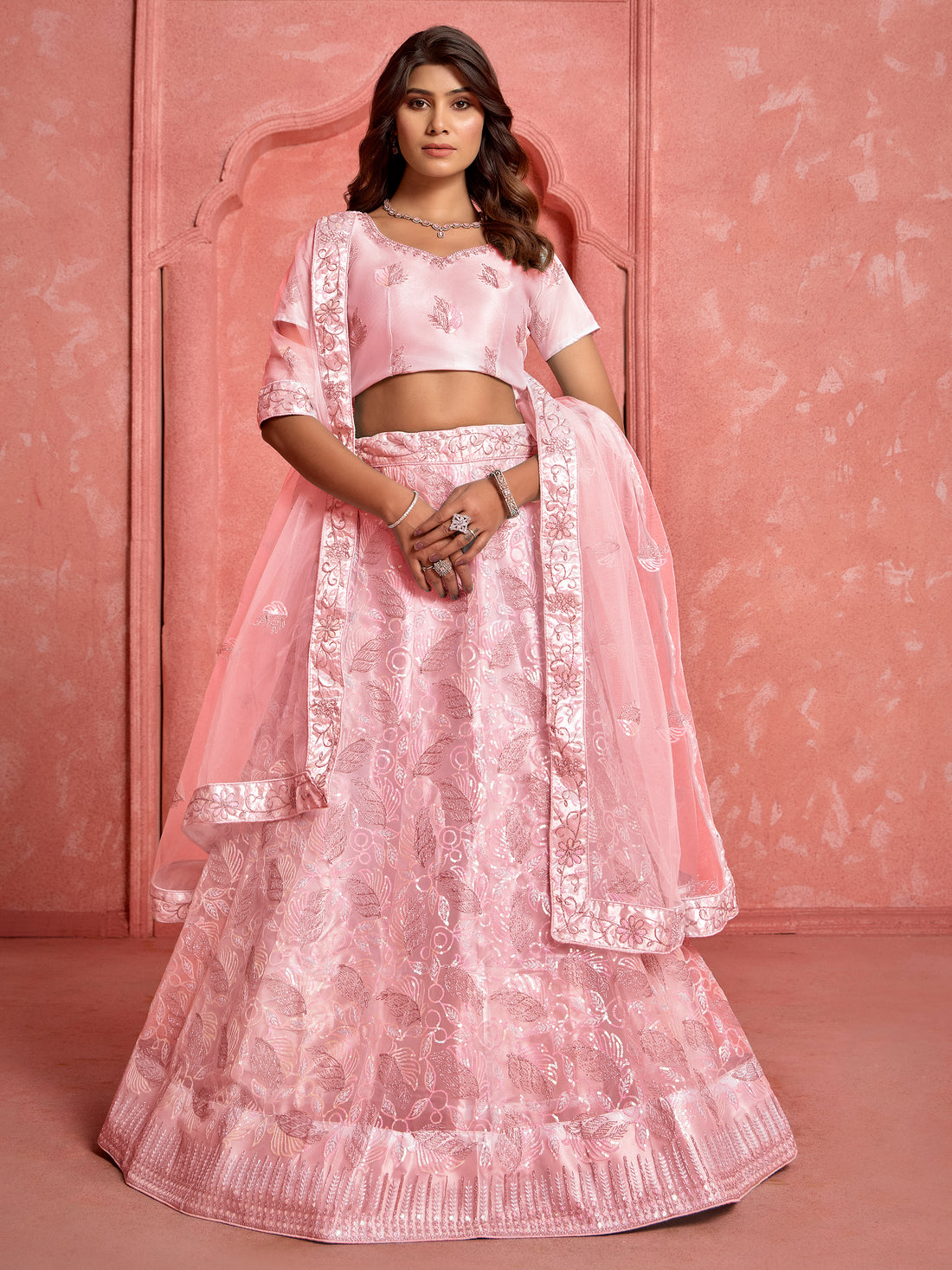Wonderful Peach Sequins Net Bridesmaid Lehenga Choli With Dupatta