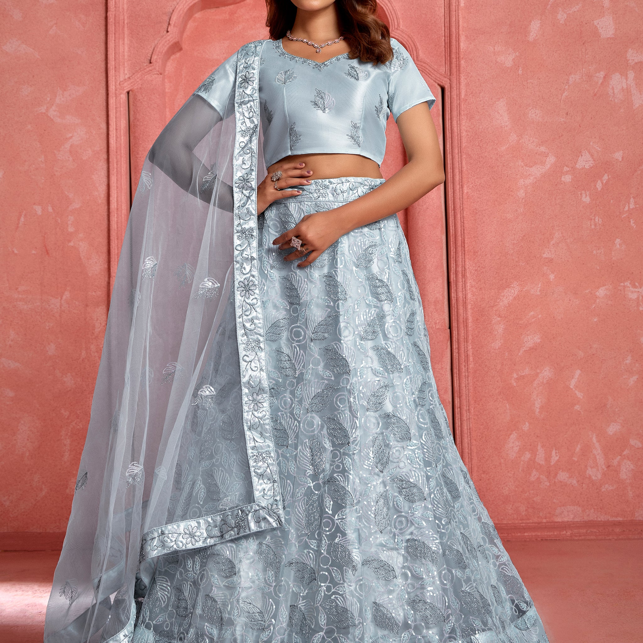 Sweet Grey Sequins Net Party Wear Lehenga Choli With Dupatta