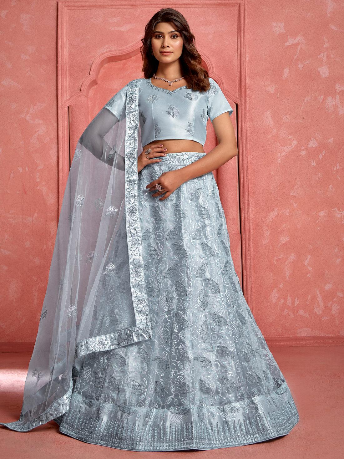 Sweet Grey Sequins Net Party Wear Lehenga Choli With Dupatta