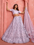 Astonishing Lavender Sequins Net Reception Wear Lehenga Choli With Dupatta