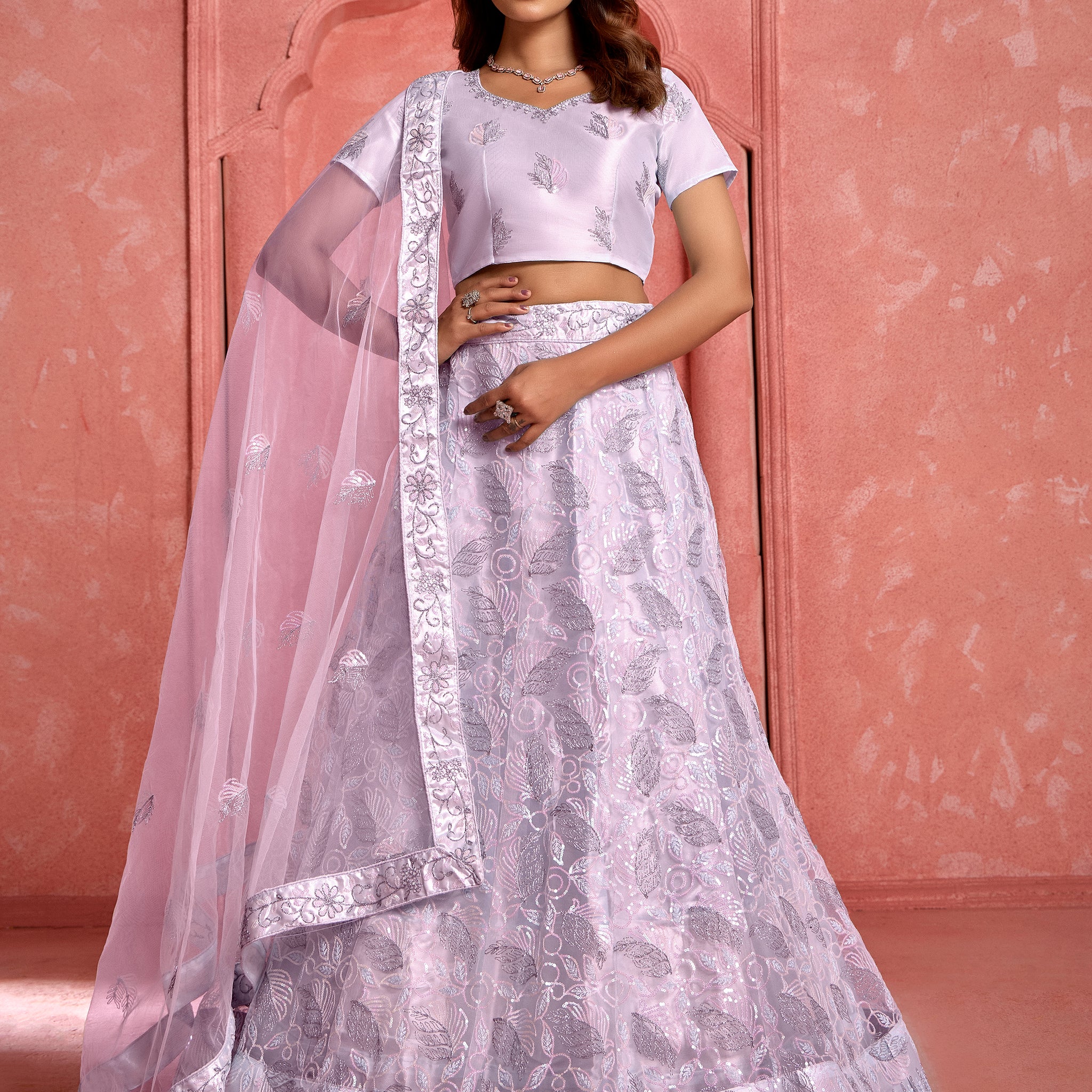 Astonishing Lavender Sequins Net Reception Wear Lehenga Choli With Dupatta