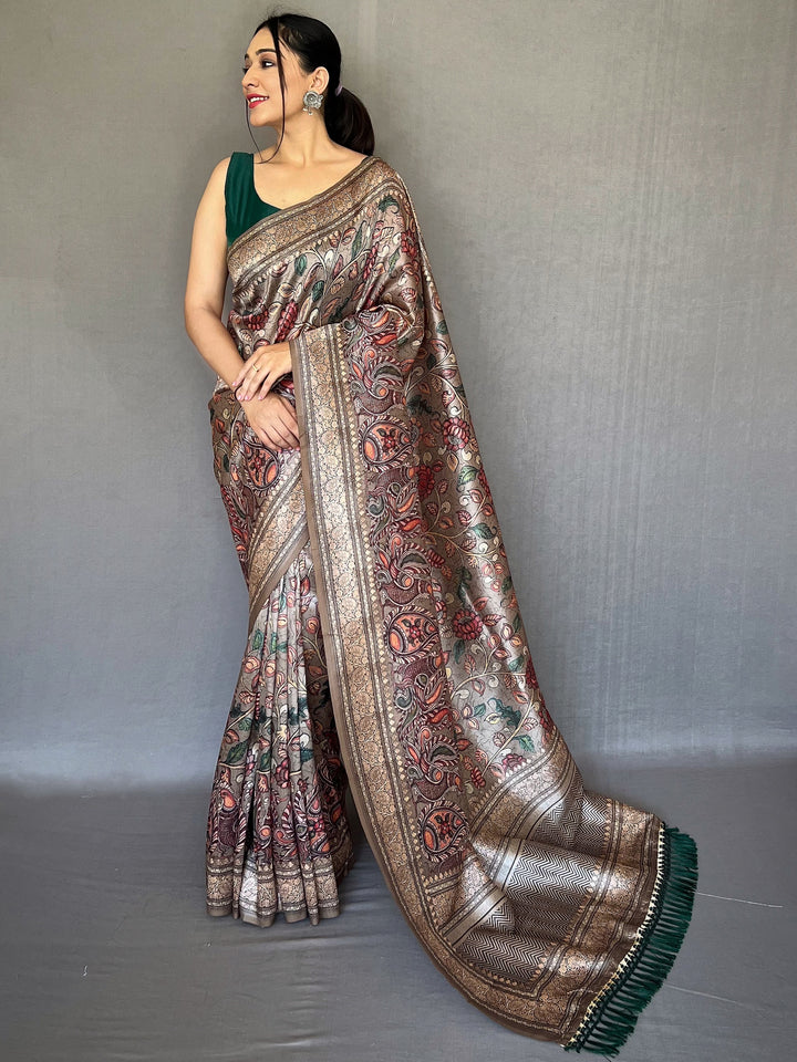 Enchanting Beige Kalamkari Printed Silk Classic Saree With Blouse
