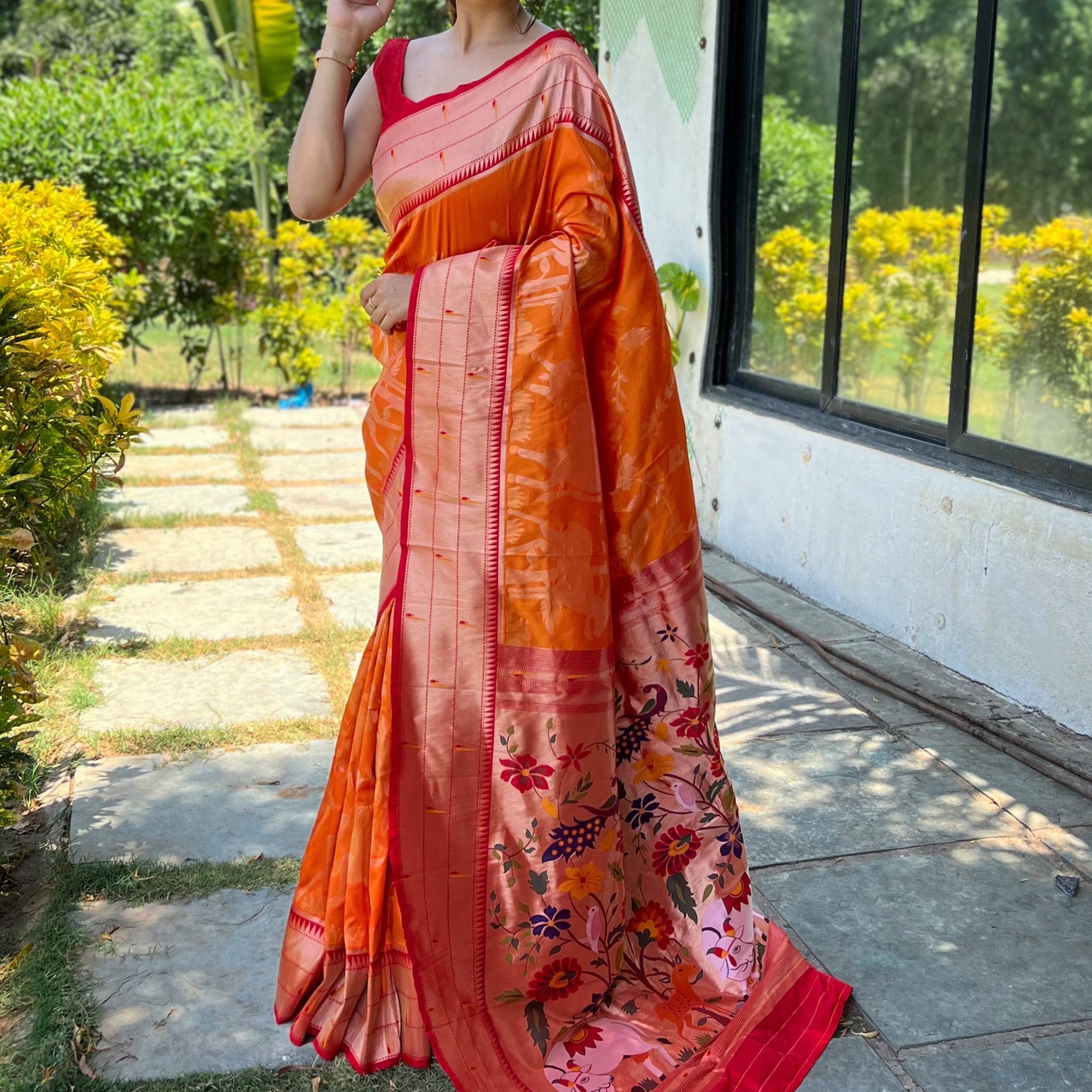 Enchanting Orange Woven Paithani Silk Wedding Wear Saree With Blouse