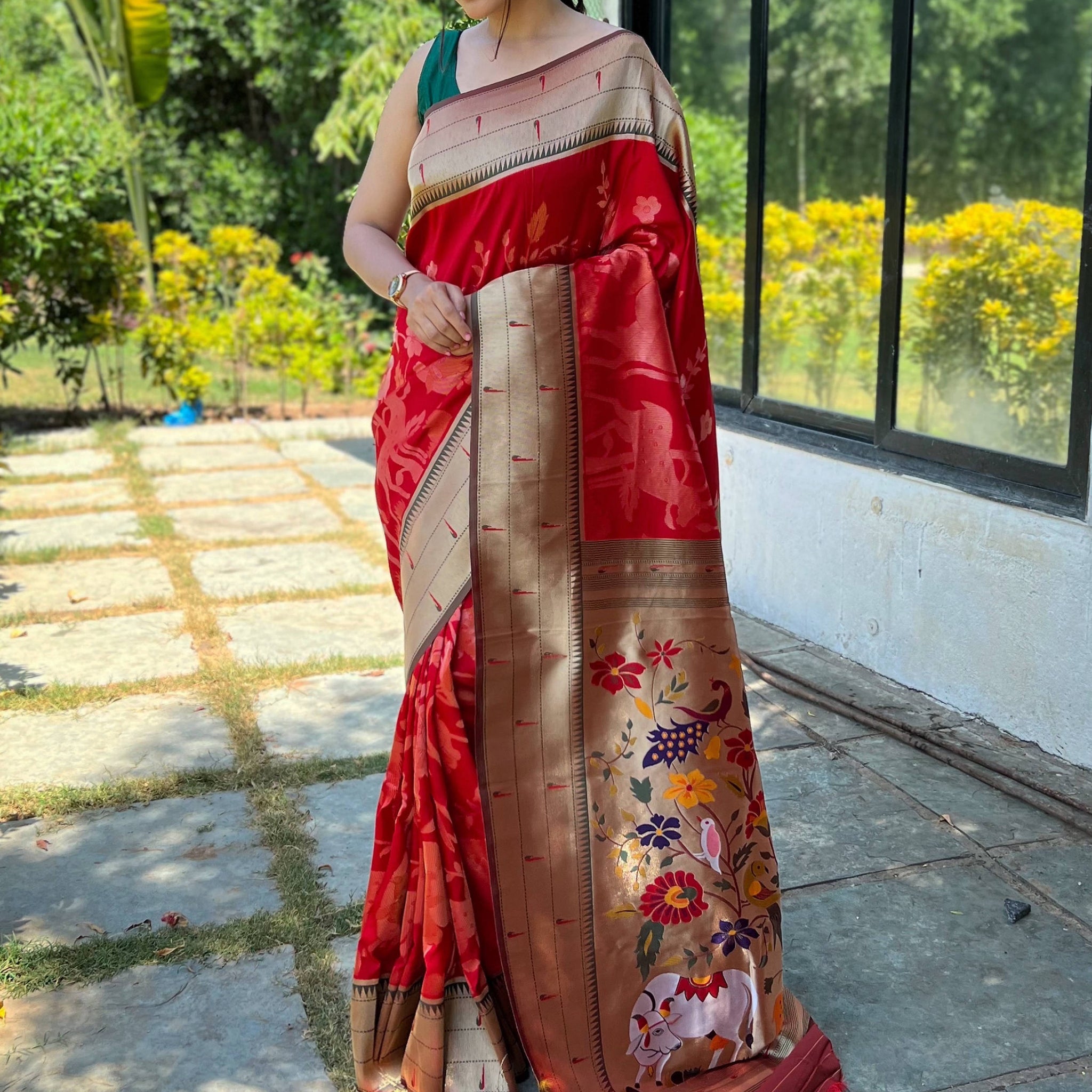Stunning Red Woven Paithani Silk Event Wear Saree With Blouse