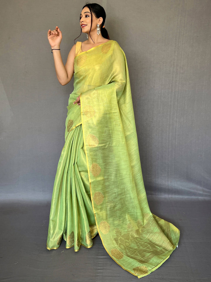 Bewitching Light Green Woven Silk Traditional Saree With Blouse