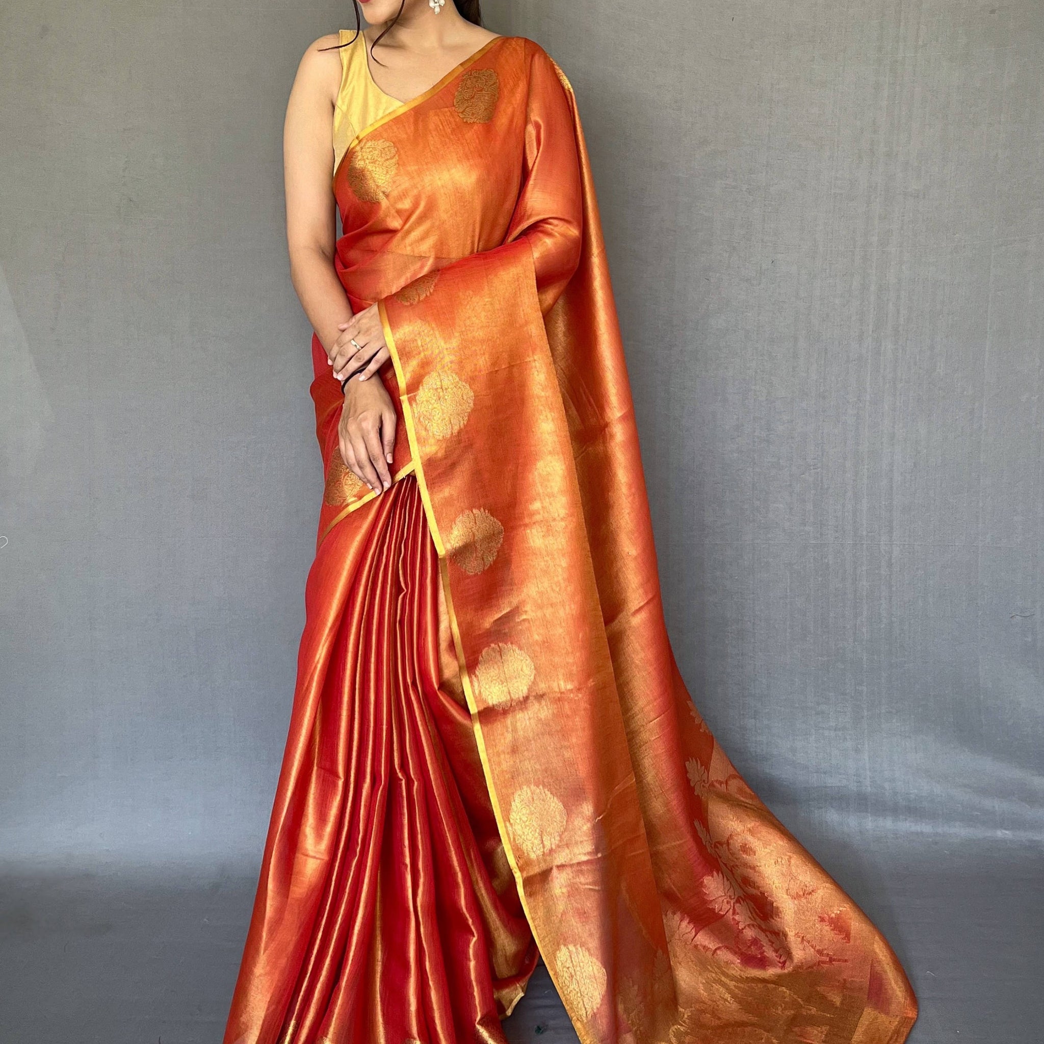 Mesmerizing Orange Woven Silk Reception Wear Saree With Blouse