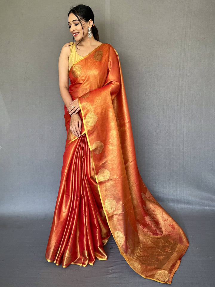 Mesmerizing Orange Woven Silk Reception Wear Saree With Blouse