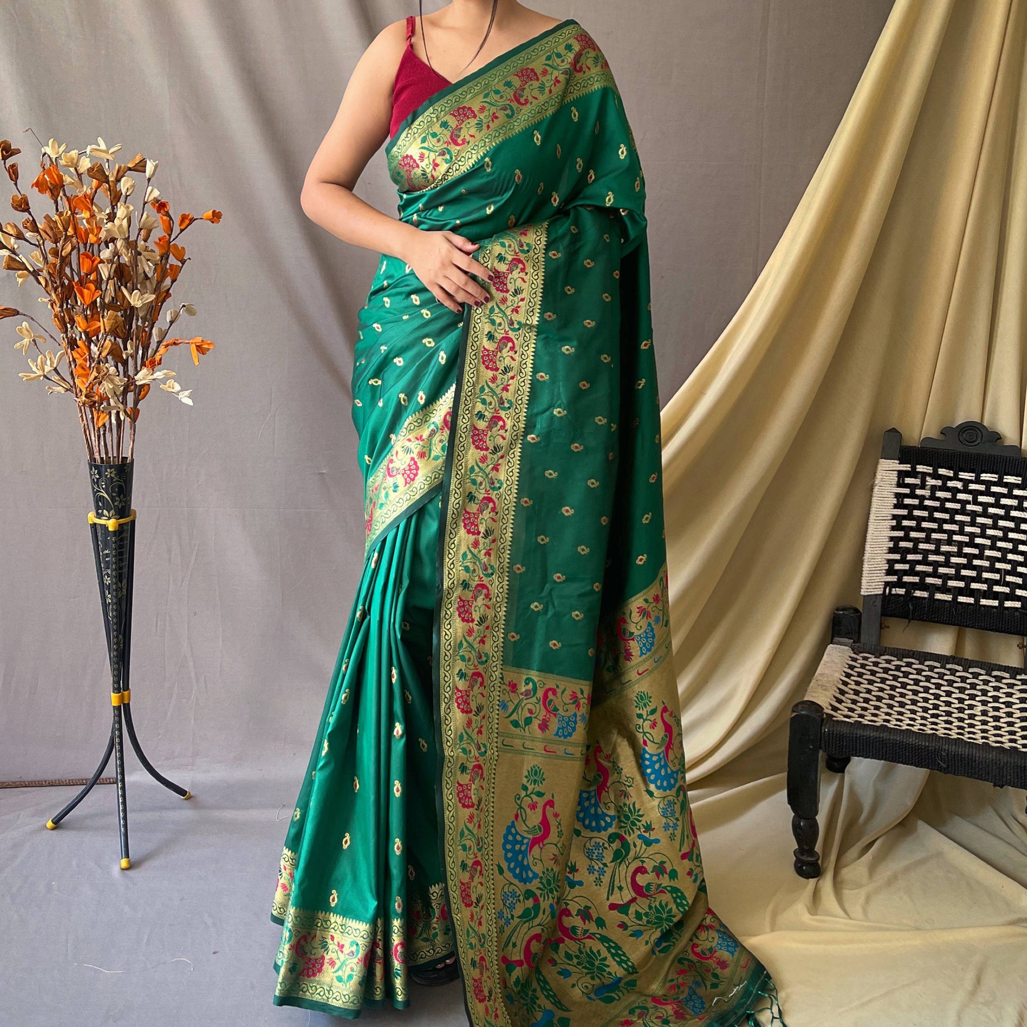 Attractive Green Woven Paithani Silk Wedding Wear Saree With Blouse