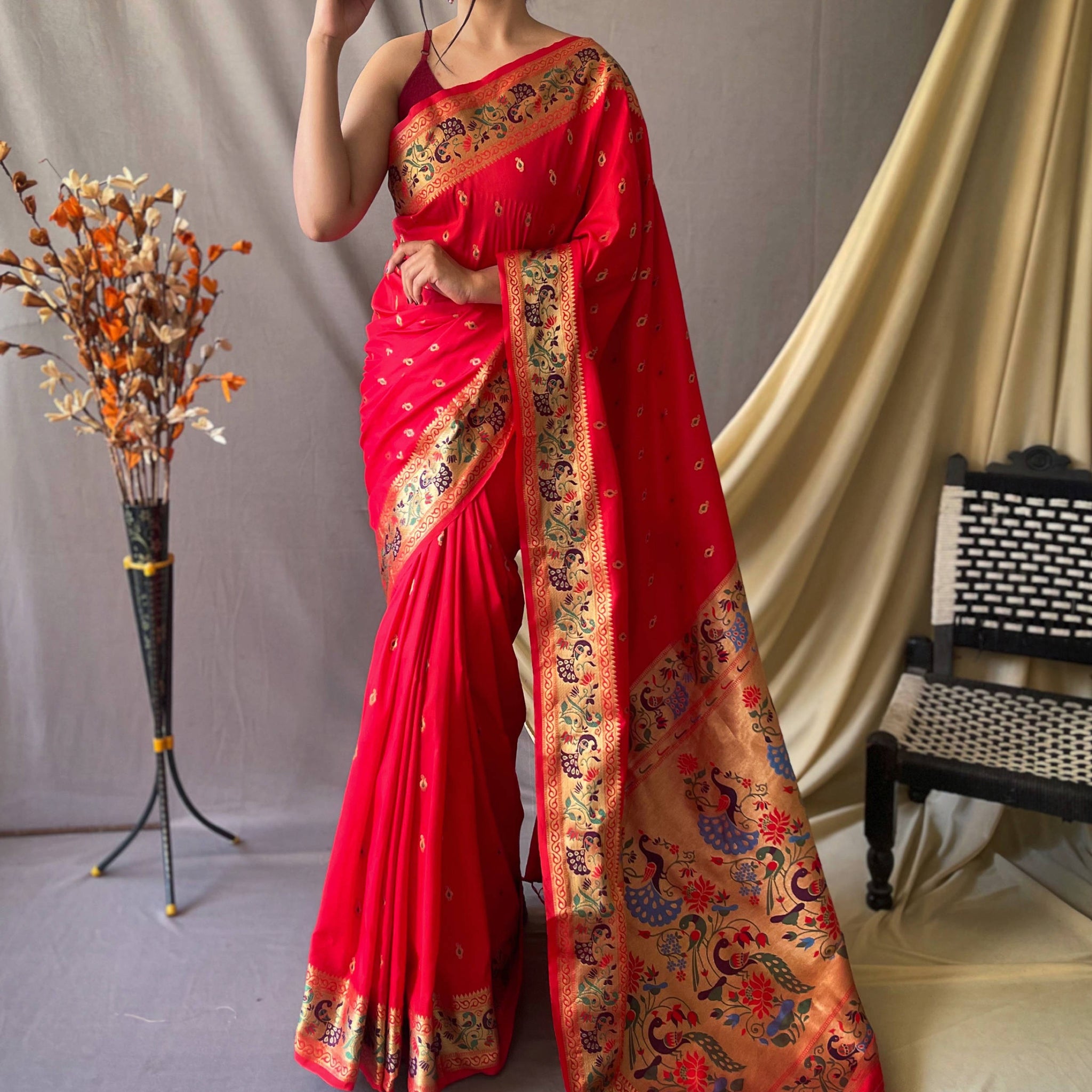 Adorable Red Woven Paithani Silk Event Wear Saree With Blouse