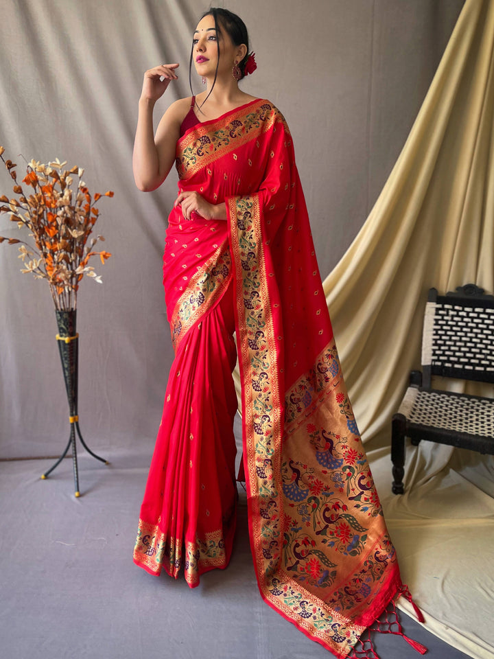 Adorable Red Woven Paithani Silk Event Wear Saree With Blouse