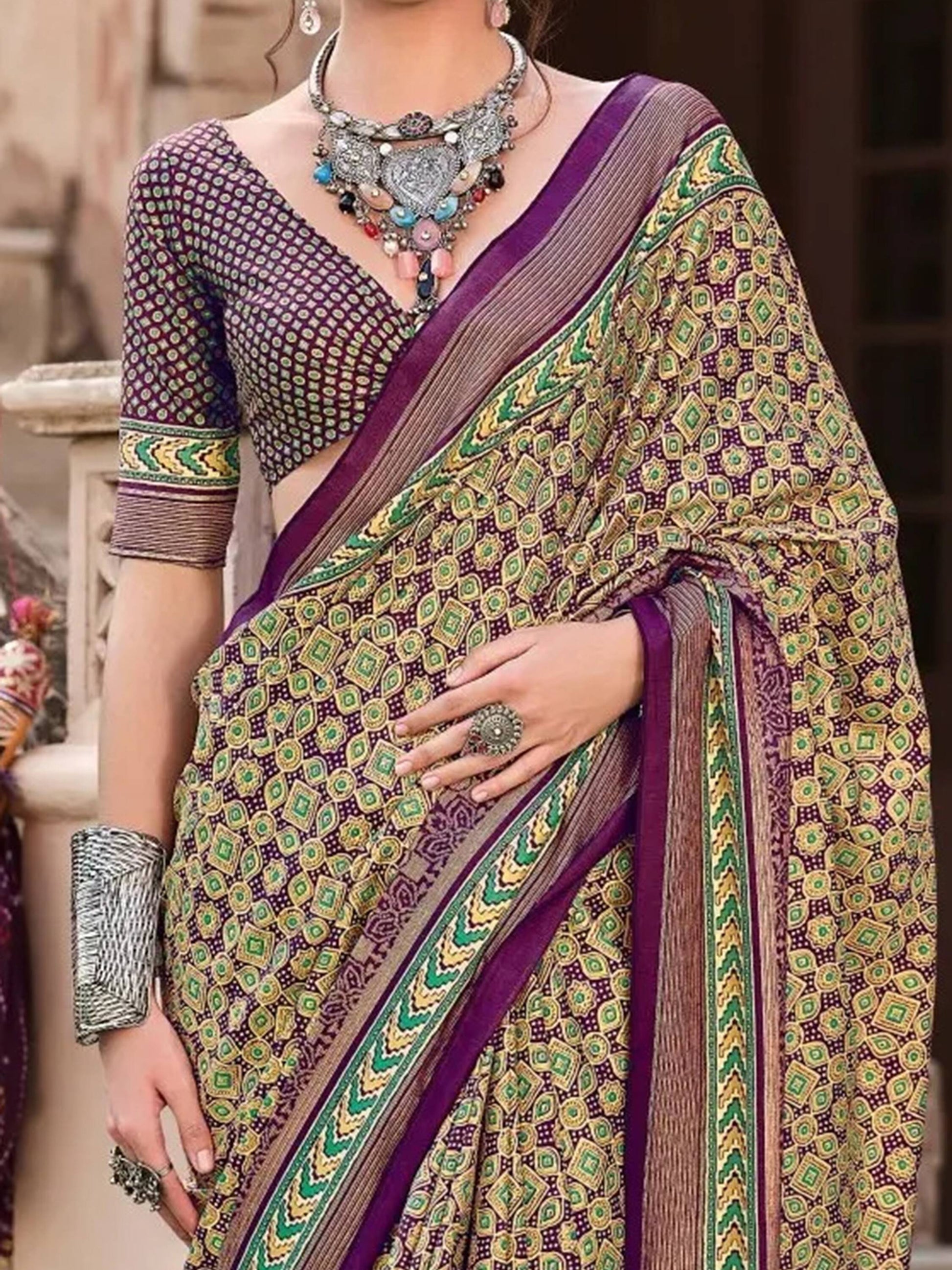 Lovely Purple Digital Printed Silk Casual Wear Saree With Blouse