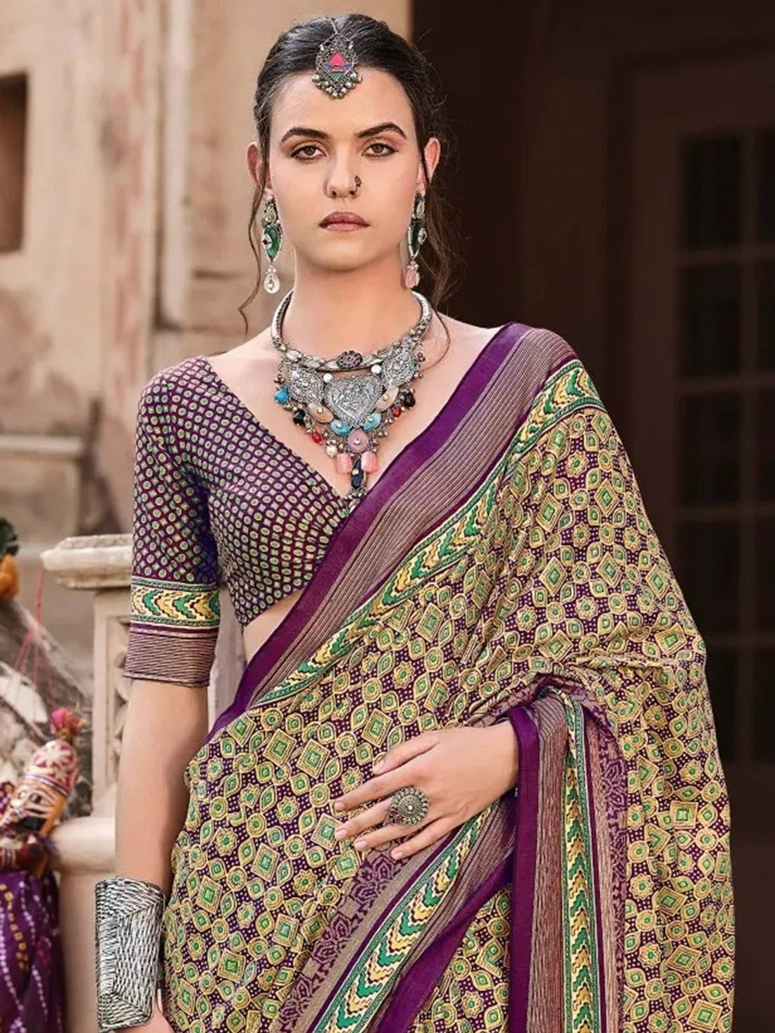Lovely Purple Digital Printed Silk Casual Wear Saree With Blouse