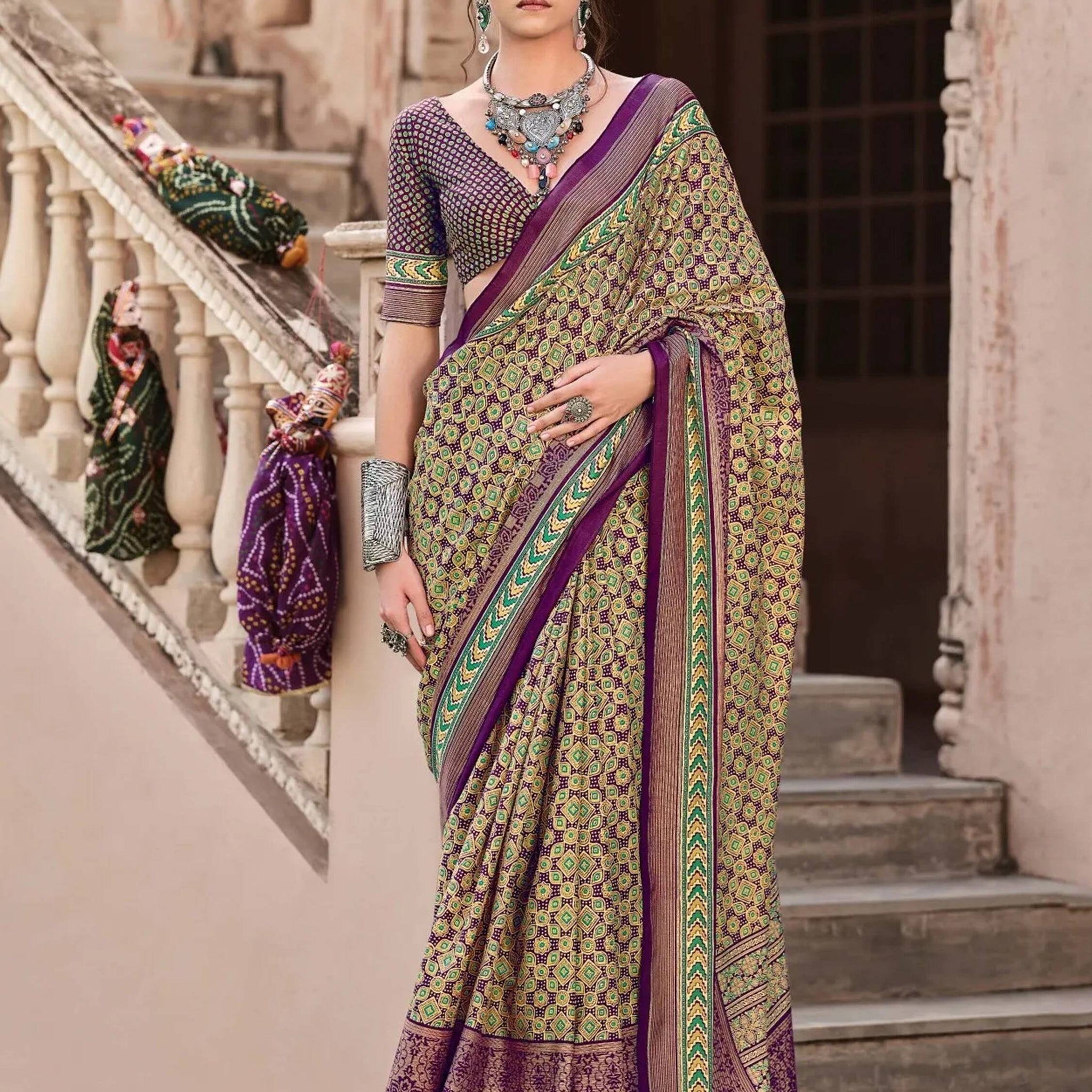 Lovely Purple Digital Printed Silk Casual Wear Saree With Blouse