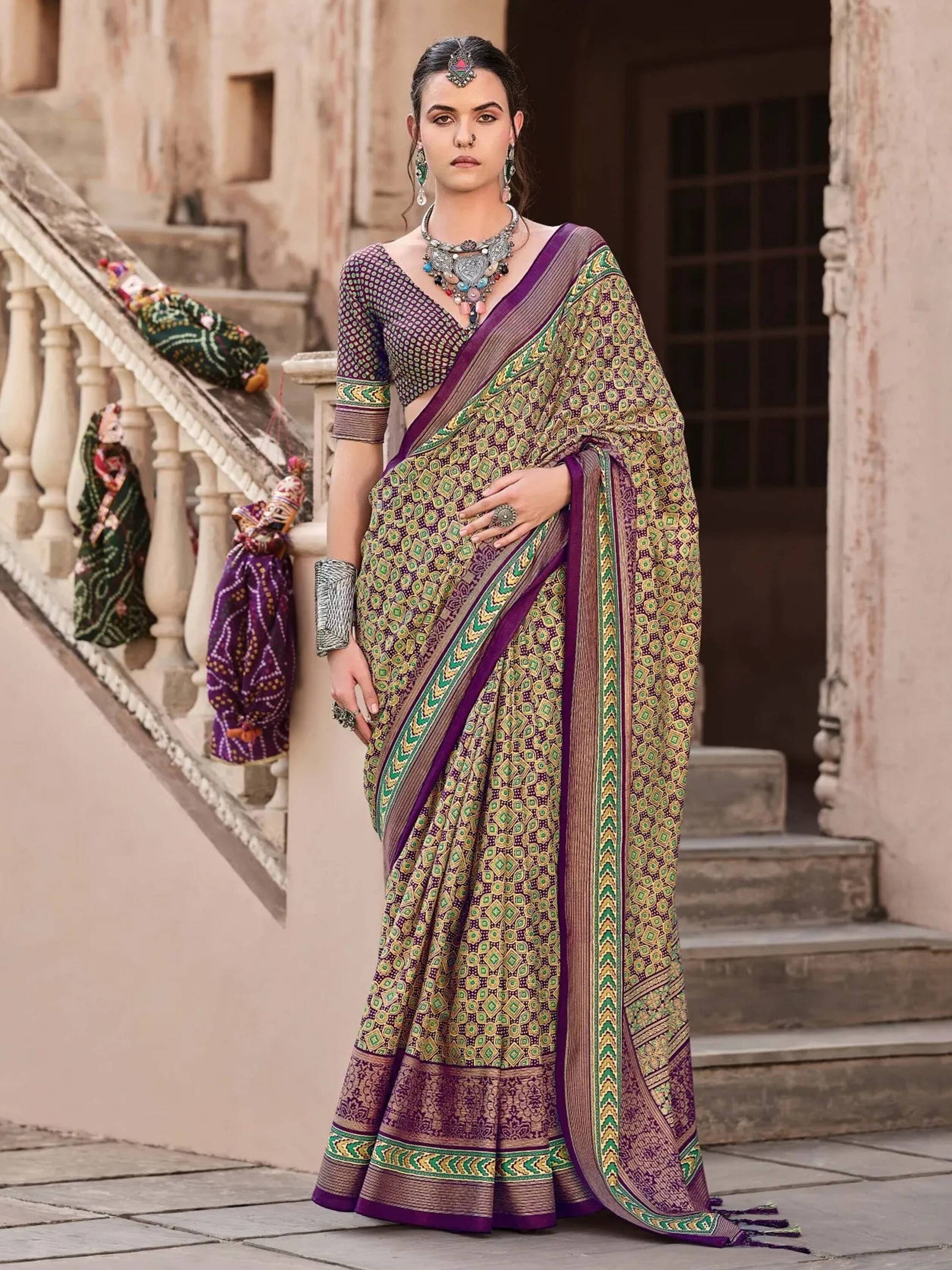 Lovely Purple Digital Printed Silk Casual Wear Saree With Blouse